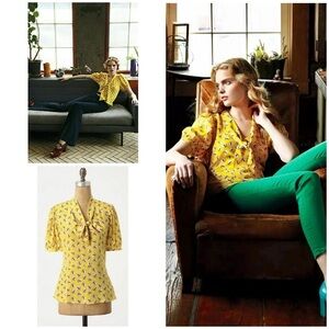 EUC Anthropologie Girls From Savoy 100% Silk Tie Neck Owl Lemon Liftoff Blouse 4